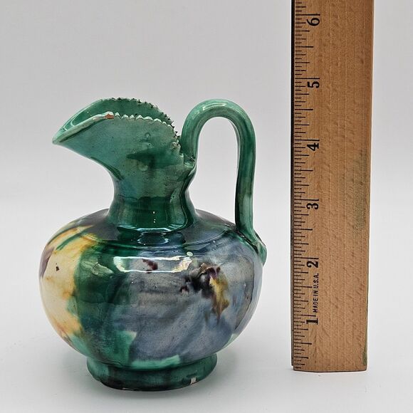 Oaxaca Mexico Dripware Ceramic Art Pottery Pitcher Flowers Green Vintage - Picture 10 of 12